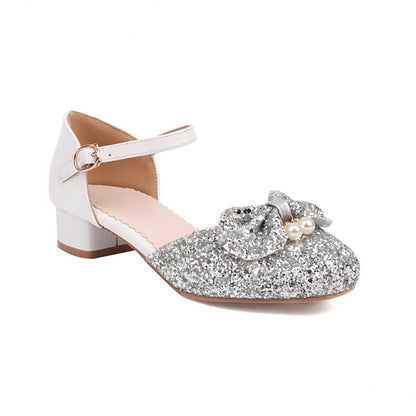 Women's Glittery Sequins Round Toe Bow Tie Block Chunky Heel Sandals