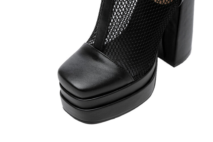 Women's Square Toe Mesh Buckle Zipper Block Platform Mid Calf Boots