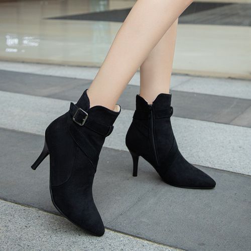 Pointed Toe Buckle Zipper Women's High Heeled Ankle Boots