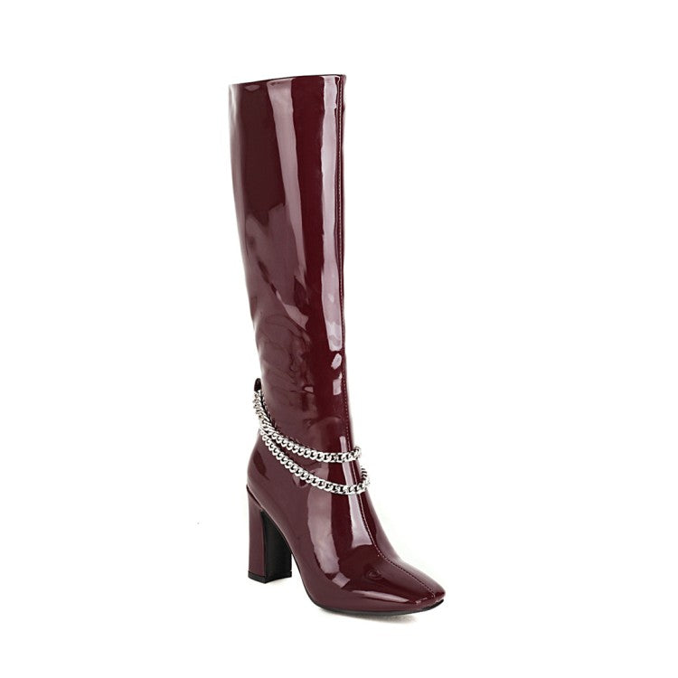 Women's Glossy Metal Chains Side Zippers Chunky Heel Knee-High Boots