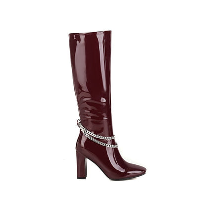 Women's Glossy Metal Chains Side Zippers Chunky Heel Knee-High Boots