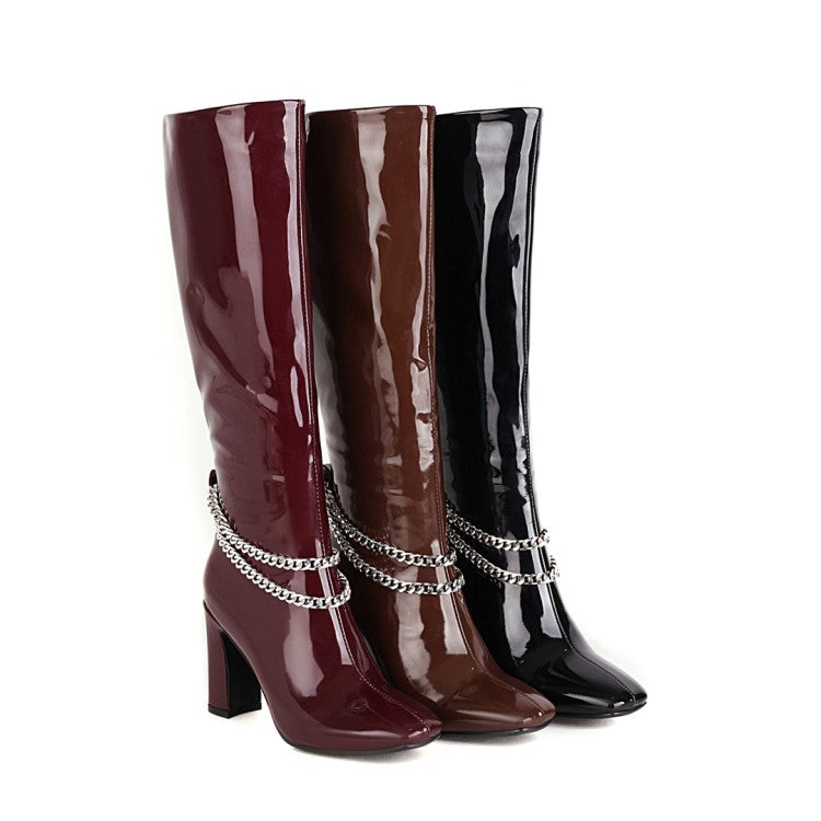 Women's Glossy Metal Chains Side Zippers Chunky Heel Knee-High Boots