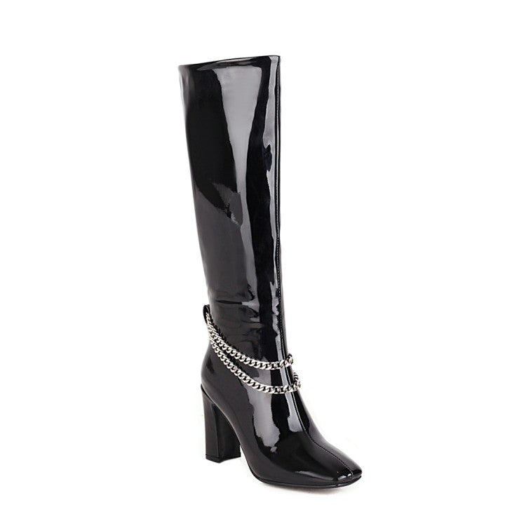Women's Glossy Metal Chains Side Zippers Chunky Heel Knee-High Boots