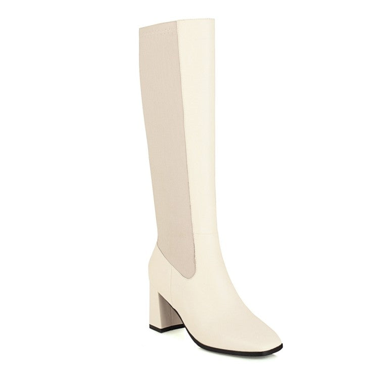Women's Bicolor Square Toe Zippers Chunky Heel Knee-High Boots