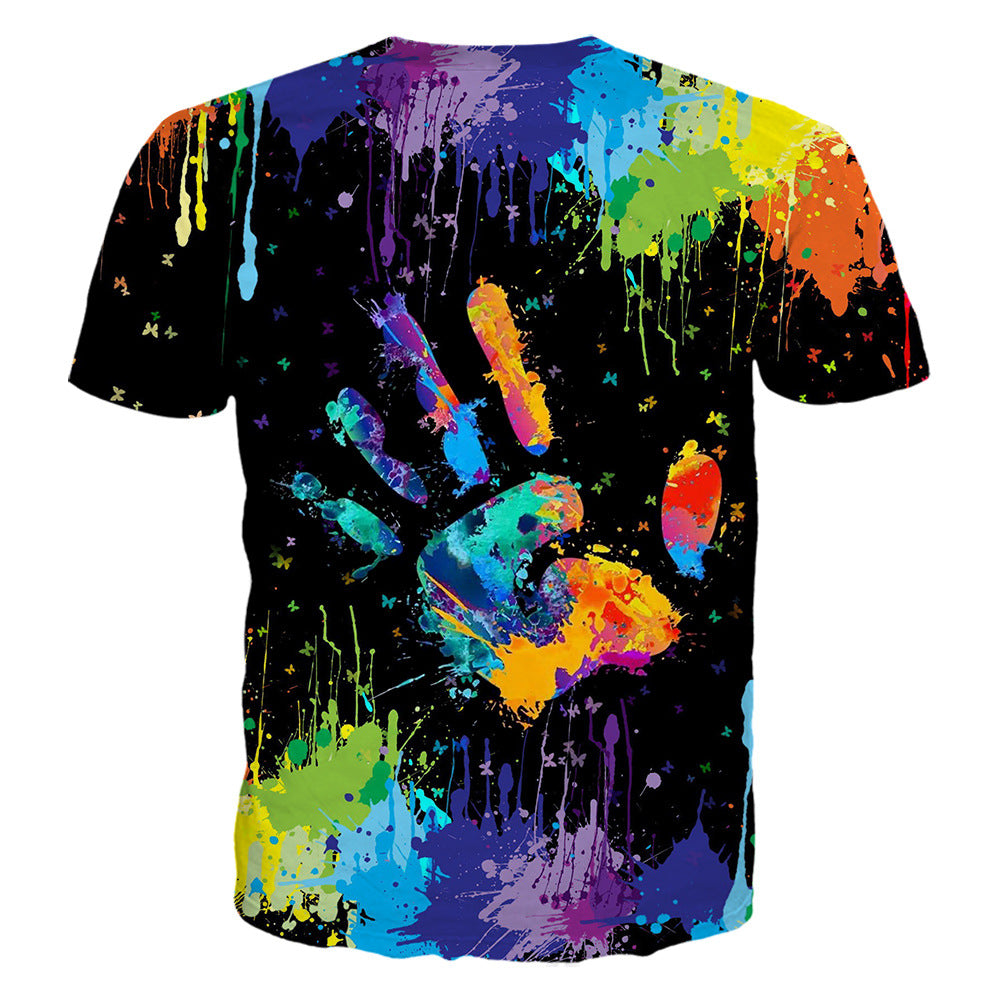 Men's Fashion Crew Neck Colorful Splatter Paint Handprint Print T-Shirt