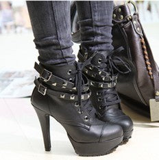 Lace Up Rivets Buckles Belts High Heels Motorcycle Boots 8755