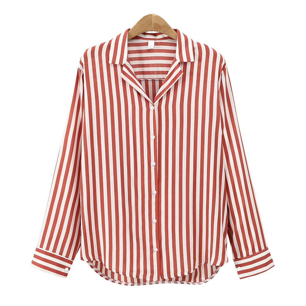 Turn Dow Collar Striped Long Sleeved Shirt 7296