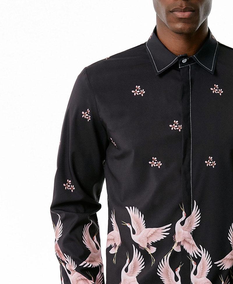 Men's 3D Button Cranes Printing Long Sleeves Casual Shirts