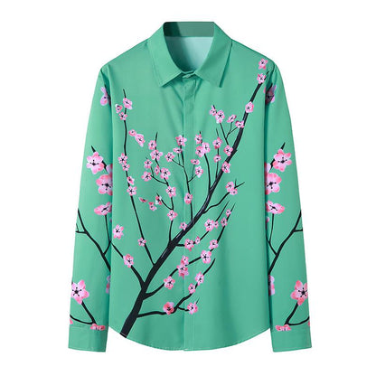 Men's 3D Button Flower Printing Long Sleeves Casual Shirts