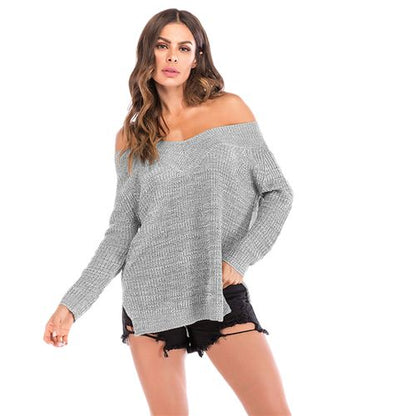 Sexy Big V-neck Off Shoulder Crochet Sweater Women's Spring Sweater