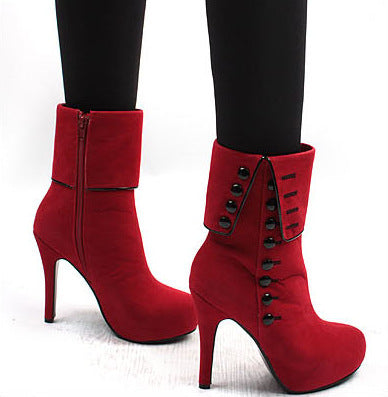 Button Suede High Heeled Ankle Boots 4654