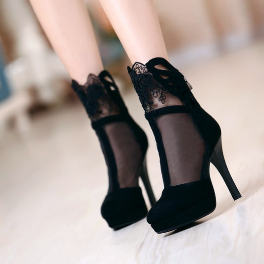 Mesh Black High Heels Short Boots Plus Size Women Shoes 9513