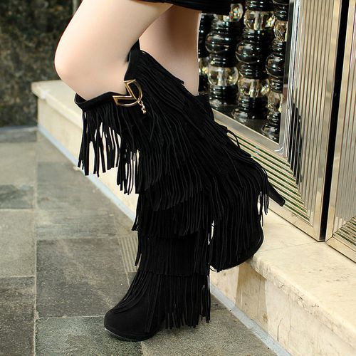 Women Tassel High Heels Knee High Boots