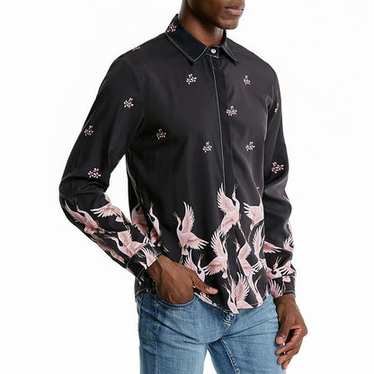 Men's 3D Button Cranes Printing Long Sleeves Casual Shirts