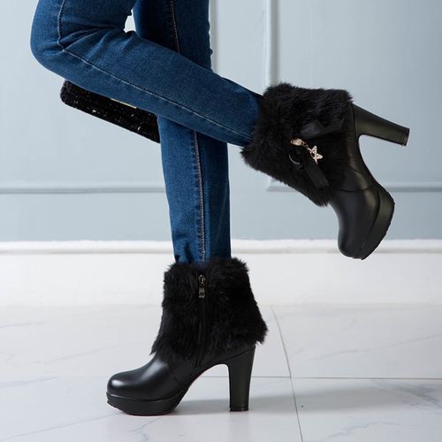 Women Rhinestone Bowtie High Heels Short Boots Winter Shoes