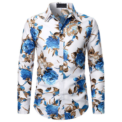 Men's Fashion Rose Pattern Decor Design Long Sleeves Shirts