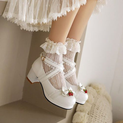 Women Lace Bowtie Chunky Heel Platform Pumps