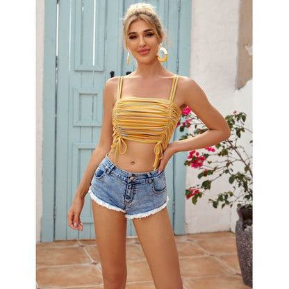 Fashion Retro Insnavel-baring Drawstring Slings Stripe Women Tank Tops