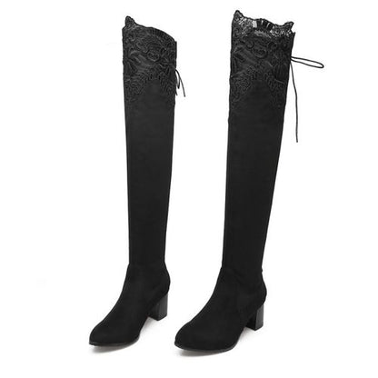 Lace Velvet Women High Heel Knee High Boots