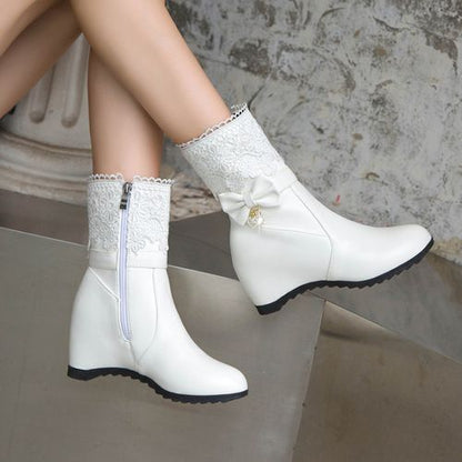 Women Lace Pearl Wedges Short Boots Winter Shoes