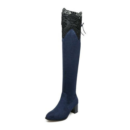 Lace Velvet Women High Heel Knee High Boots