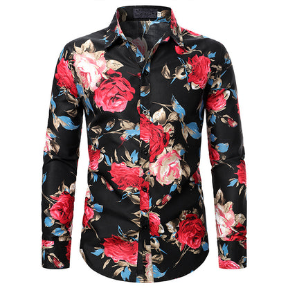 Men's Fashion Rose Pattern Decor Design Long Sleeves Shirts