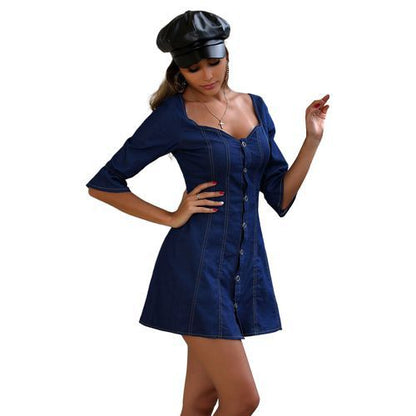 Denim Square Neck Lantern Sleeve Mid Sleeve A-line Women's Dresses