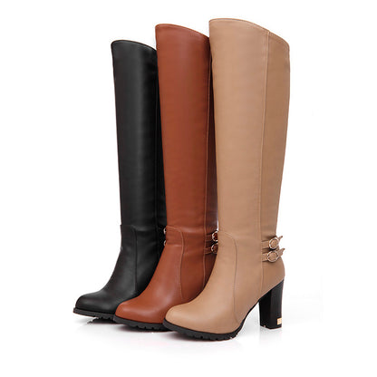 Women's Pu Leather Round Toe Belts Buckles Chunky Heel Knee High Boots