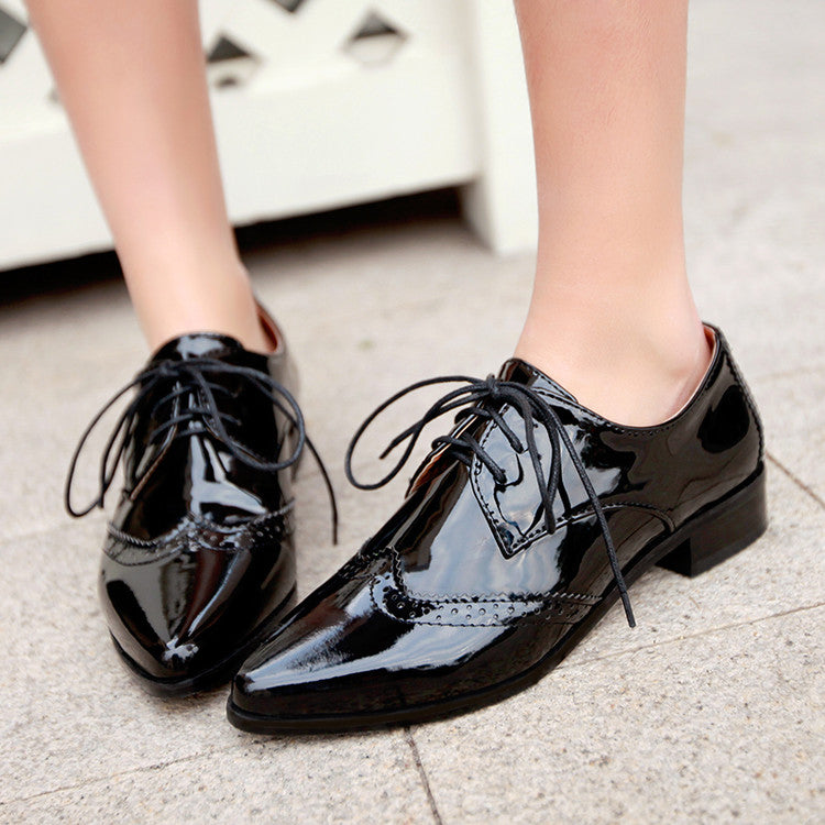 Women's Glossy Pointed Toe Tied Lace Up Puppy Heel Chunky Heels Oxford Shoes