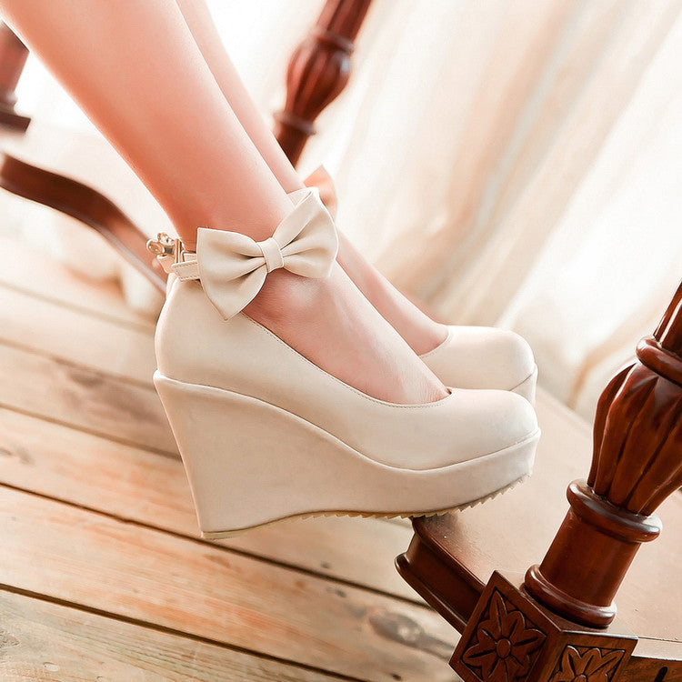 Women's Heels Ankle Strap Bowtie Platform Wedges Shoes