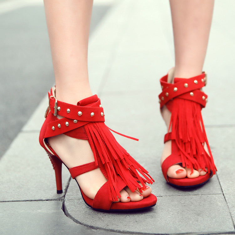 Women's's Tassel Rivets Peep Toe Stiletto Heels Sandals