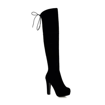 Women's Fold Suede Back Tied Platform Chunky Heel Over the Knee Boots