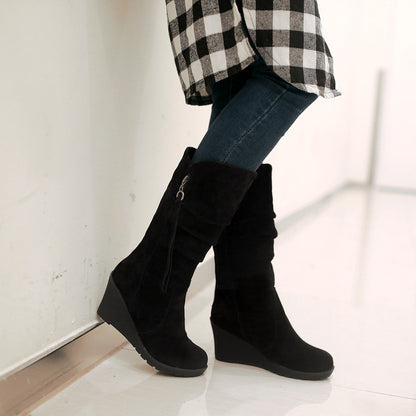 Women's Suede Platform Wedges Heel Mid Calf Boots