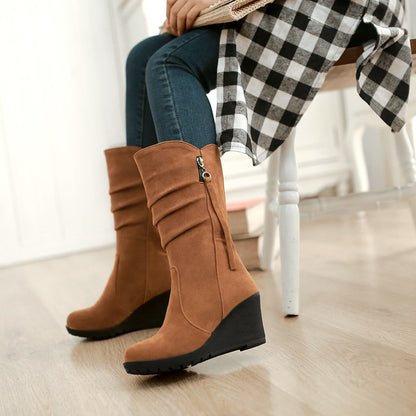 Women's Suede Platform Wedges Heel Mid Calf Boots