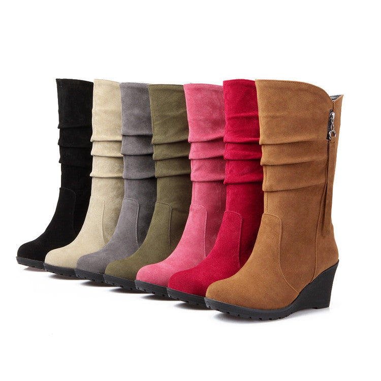 Women's Suede Platform Wedges Heel Mid Calf Boots