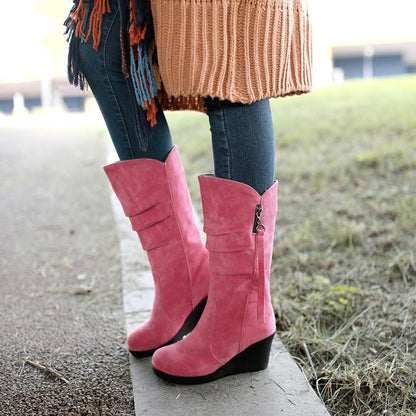 Women's Suede Platform Wedges Heel Mid Calf Boots