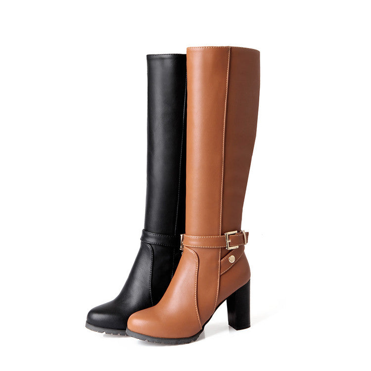 Women's Pu Leather Belts Buckles Stitching Chunky Heel Knee High Boots