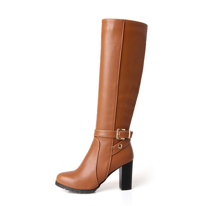 Women's Pu Leather Belts Buckles Stitching Chunky Heel Knee High Boots