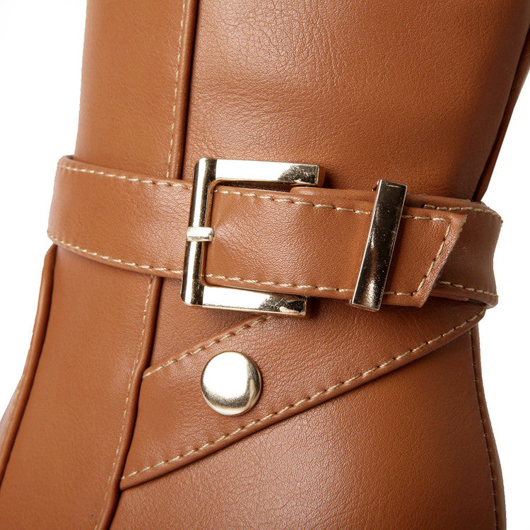 Women's Pu Leather Belts Buckles Stitching Chunky Heel Knee High Boots