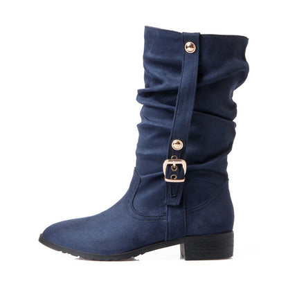 Women's Buckle Low Heel Mid Calf Boots