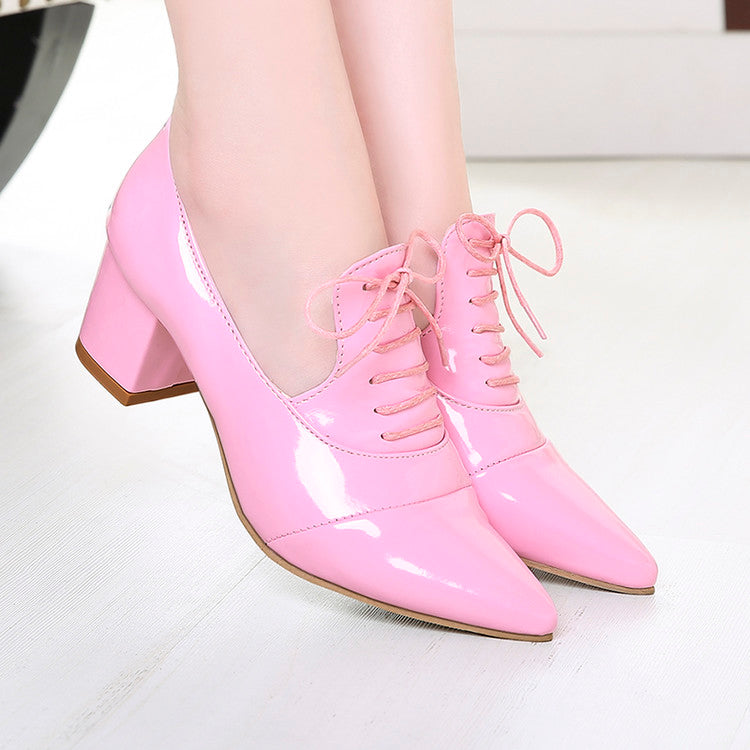 Women's Pointed Toe Lace Up Chunky Heel Pumps