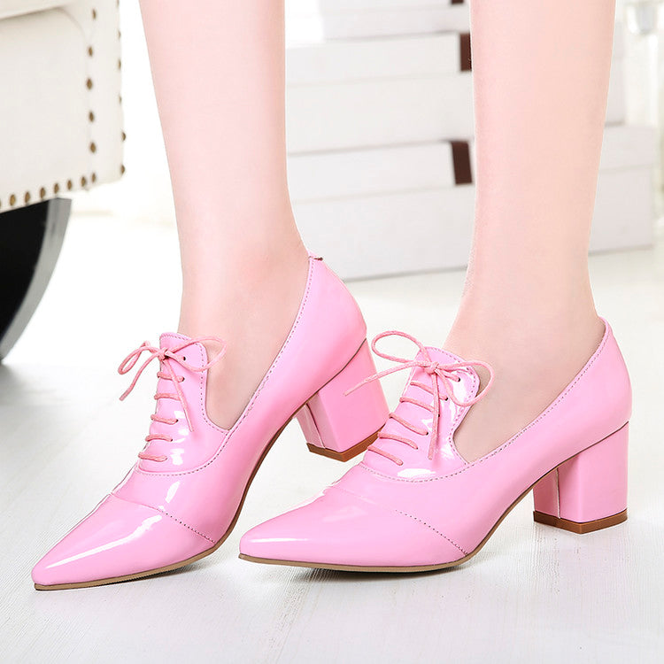 Women's Pointed Toe Lace Up Chunky Heel Pumps