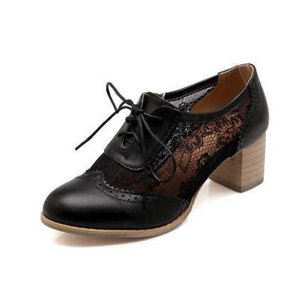 Women's Pu Leather Round Toe Tied Belts Lace Carved Flora Block Heel Chunky Heels Oxford Shoes