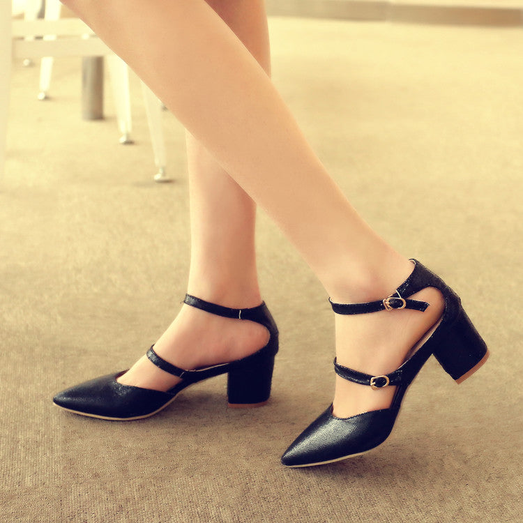 Women's Solid Color Glossy Pointed Toe Ankle Strap Block Heel Sandals