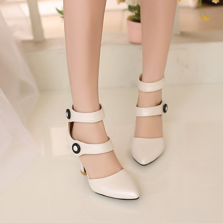 Women's Pointed Toe Double Ankle Strap Metal Decor Chunky Heel Sandals