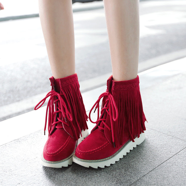 Women's Suede Stitching Tassel Lace Up Flat Short Boots