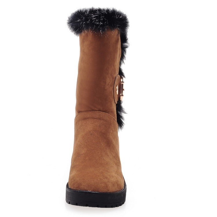 Women's Fur Buckle Belt Block Heel Snow Boots