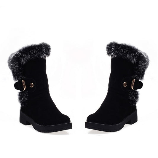 Women's Fur Buckle Belt Block Heel Snow Boots