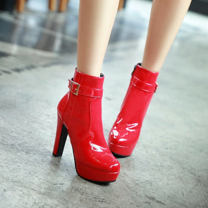 Women's Glossy Almond Toe Buckles Belts Chunky Heel Platform Short Boots