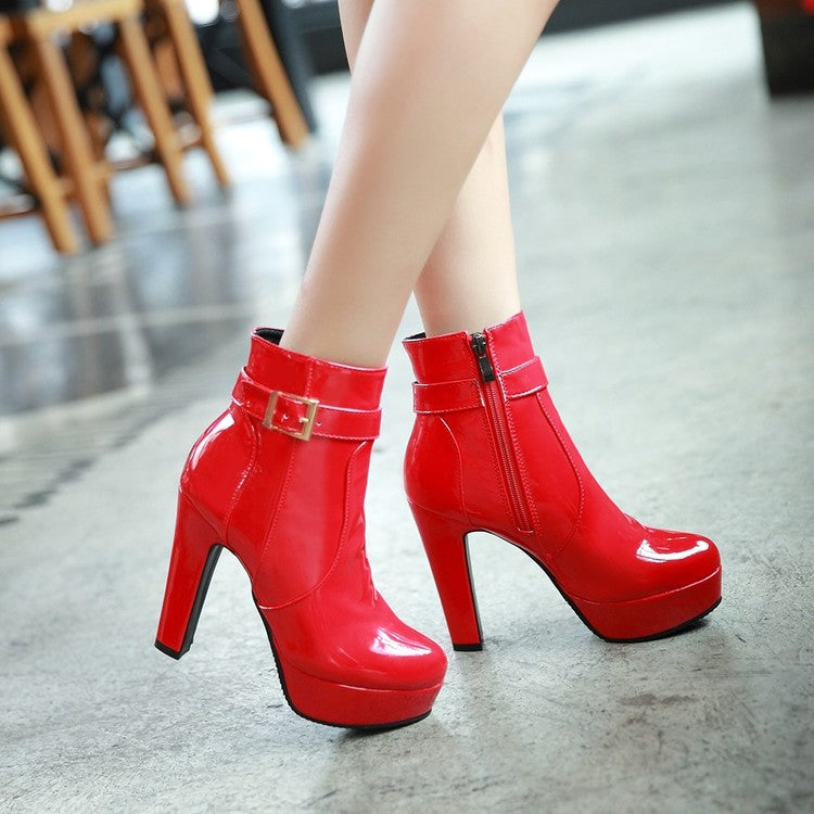 Women's Glossy Almond Toe Buckles Belts Chunky Heel Platform Short Boots